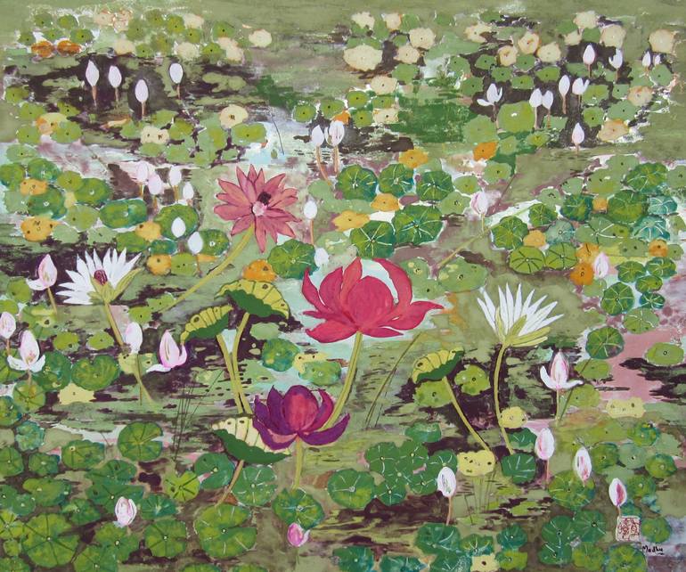 Moon Lit Pond Painting by Madhu jain | Saatchi Art