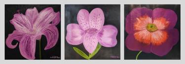 "Purple Flowers on black background" Triptych thumb