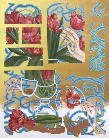 Eclectic still life. Impressions of red tulips on a spring day. thumb