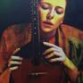 Music lover holding a guitar in her arms and feeling the vibration that runs through it as she imagines and feels a music playing in her head. 

Original art work, oil on canvas, sealed with clear varnish.The painting will be sent to the customer rolled in a tube, and needs to be stretched.