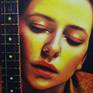 Music lover holding a guitar in her arms and feeling the vibration that runs through it as she imagines and feels a music playing in her head. 

Original art work, oil on canvas, sealed with clear varnish.The painting will be sent to the customer rolled in a tube, and needs to be stretched.