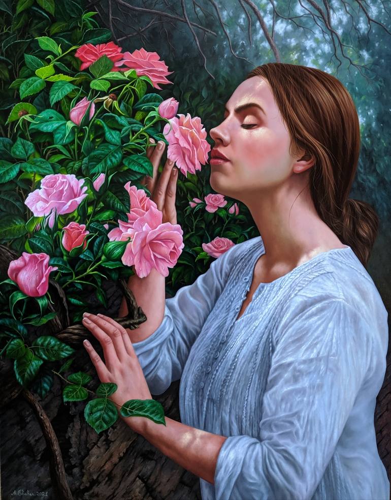 woman with roses painting