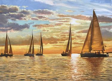 ORIGINAL OIL PAINTING " YACHTS AT SUNSET " - 70X50 CM (2023) thumb