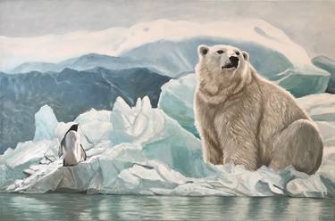 ORIGINAL OIL PAINTING POLAR BEAR AND PINGUIN, 90X60 CM, 2020 thumb