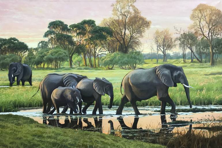 ORIGINAL OIL PAINTING ELEPHANTS AT SUNSET - 120X80 CM (2021) Painting ...