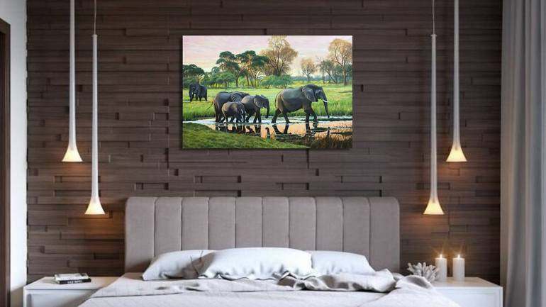 ORIGINAL OIL PAINTING ELEPHANTS AT SUNSET - 120X80 CM (2021) Painting ...