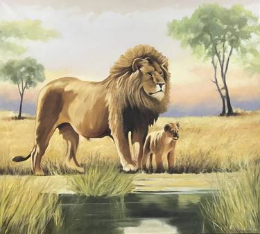 ORIGINAL OIL PAINTING "THE LION AND THE LION CUB" - 110X100 CM (2022) thumb