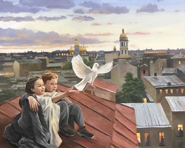 ORIGINAL OIL PAINTING "CHILDREN WITH A PIGEON" - 100X80 CM (2022) thumb
