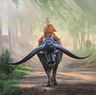 ORIGINAL OIL PAINTING "THE BOY ON THE BUFFALO " 80X80 CM (2022) thumb