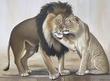 ORIGINAL OIL PAINTING "THE LION AND THE LIONESS "- 60X45 CM thumb