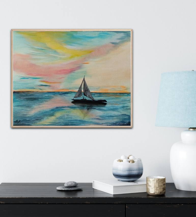 Original Realism Yacht Painting by Kattie Art