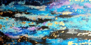 After sunset comes a night/ original blue and gold abstract wall art thumb