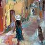 Colorful pasty painting in ala prima technique.
Hot summer in seaside town.

A girl in a hat walks down the street in Italy