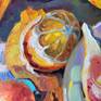 Decorative still life in warm colors made using ala prima technique
Pastose oil painting
Impressionistic style
Bright open colors