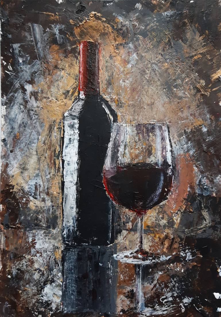 Bottle of Wine Painting Glass Wine Original Art Red Wine Alcohol Art ...