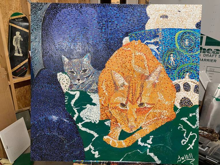 Original Folk Cats Painting by Jositn Hill