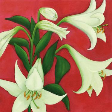 White Lilies on red background thumb
