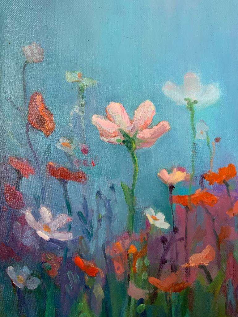 Tenderness flowers on a blue background. canvas oil beautiful