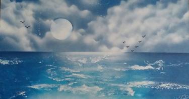 Painting of the moon over the ocean with waves and light tones.  A very relaxing view. thumb