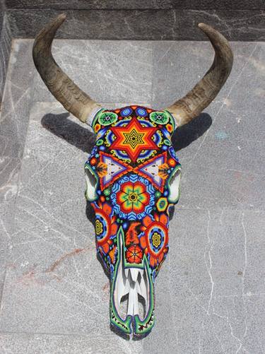 Modern Huichol Beaded Bull skull thumb