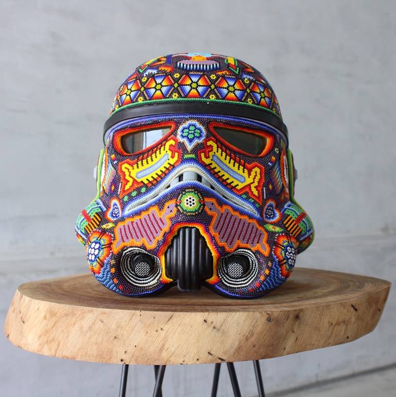 Artist Xochitl Gonzalez Original Stormtrooper Mask From The Disney Store In Molded Plastic With Adjustable Straps And Sound Effects Covered In Cryst Sculpture By Nativo Huichol Saatchi Art