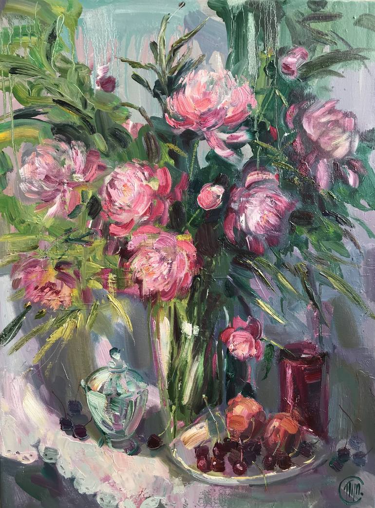Still life with peonies Painting by Maria Timofeeff | Saatchi Art