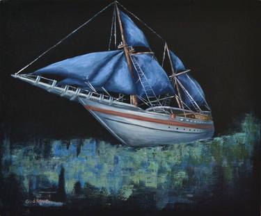 Old ship. Sailboat with a blue sails. thumb