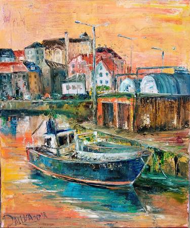 Oil painting with boats Old yacht art  Bay oil art Mooring modern wall art  Port town Pier with an old schooner Impressionism ary for the men's office thumb