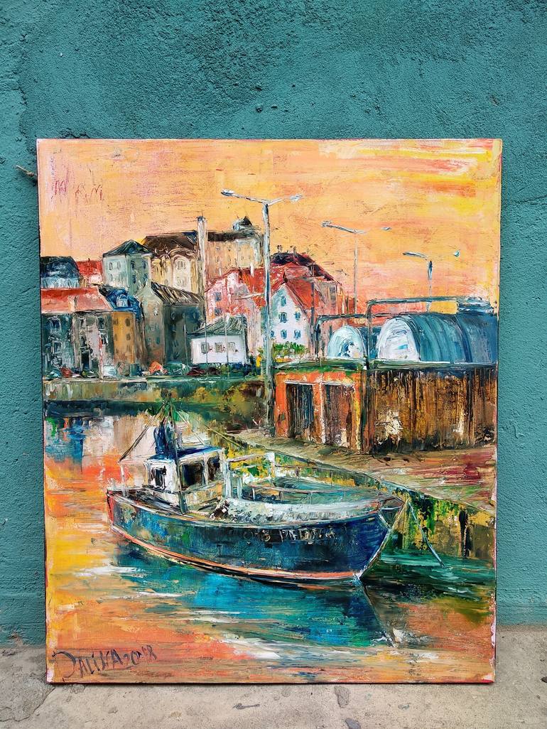 Impressionism oil PAINTING sailboat boat dock landscape small vintage hand painted original c1970s  art home decor  by Cruz