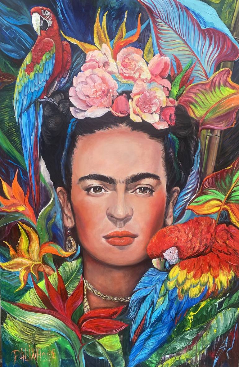 FRIDA KAHLO WITH HER PARROTS OIL PAINT REPRINT ON FRAMED CANVAS WALL ART 