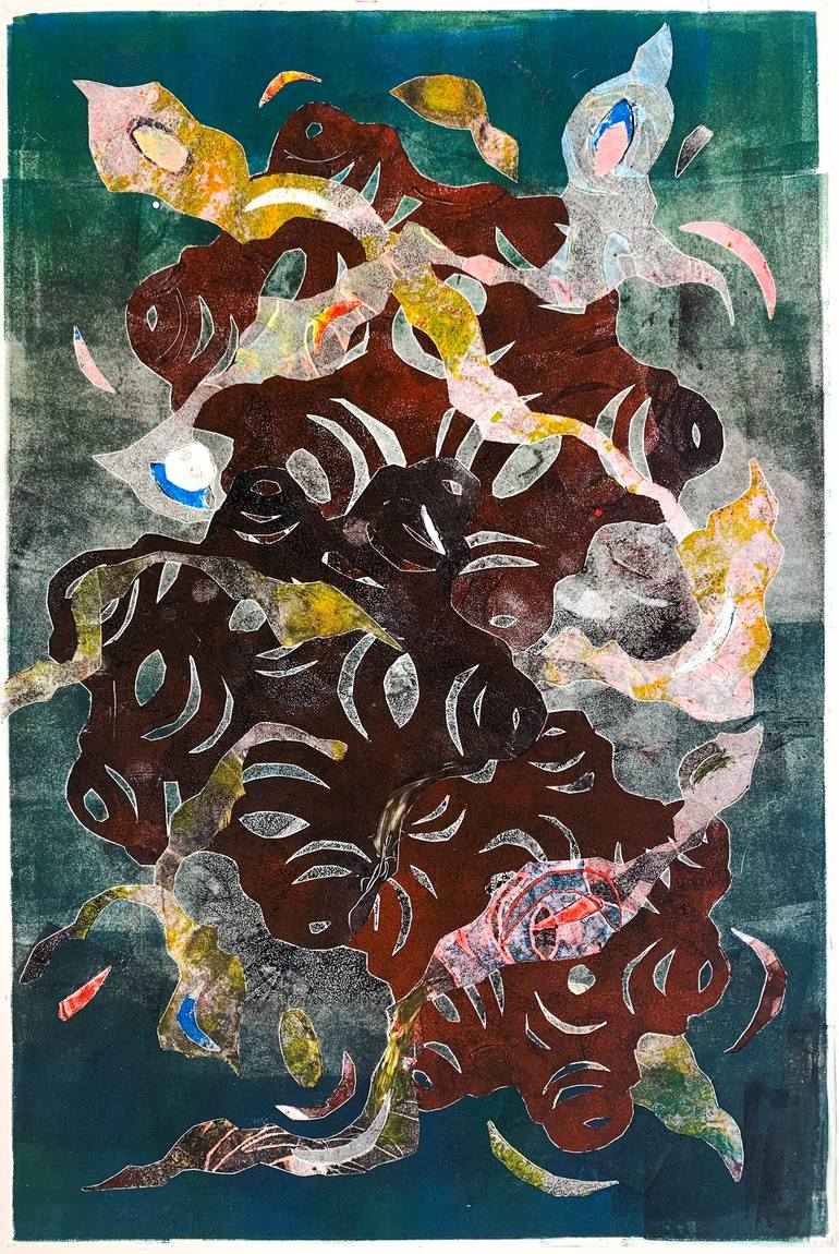 Original Abstract Printmaking by Madalyn Freedman | Abstract Expressionism Art on Paper | Deep Coral Symphony: Abstract Marine Life Monotype