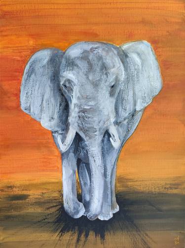 Cute Elephant. Orange sky. Bright Painting. African Nature, Landscape thumb