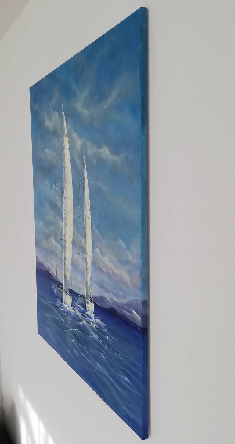 Original Art Deco Yacht Painting by Daiva Rožukienė