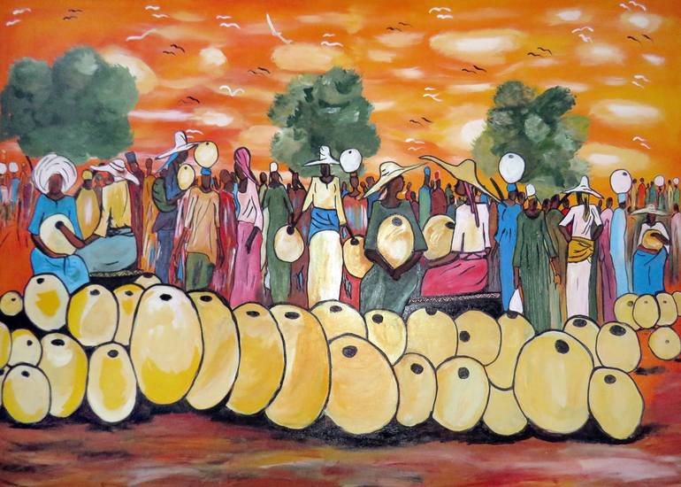 The Village Market  Art Cameroon African Paintings