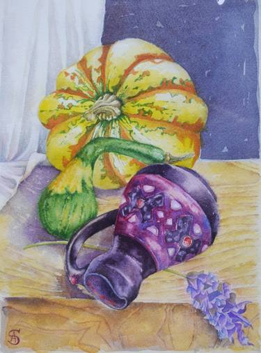 Still life with an inverted vase, pumpkins and lavender thumb