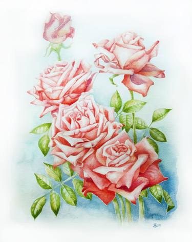 Floral watercolor. Pink roses thumb