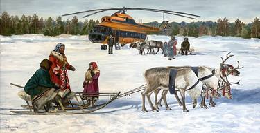 Khanty are children of the Taiga. Seeing the children off to school. Russian winter painting thumb