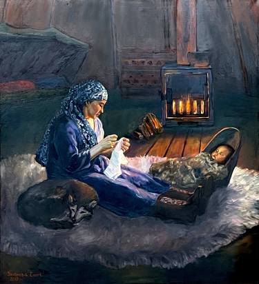 Khanty are children of the Taiga. Lullaby. Siberian winter oil painting. thumb