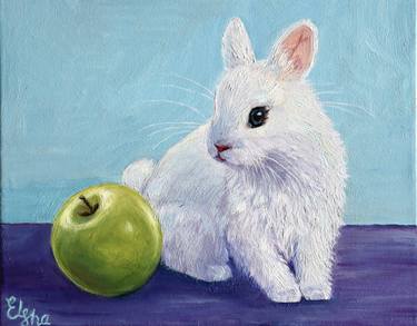 White bunny and green apple Oil Painting thumb