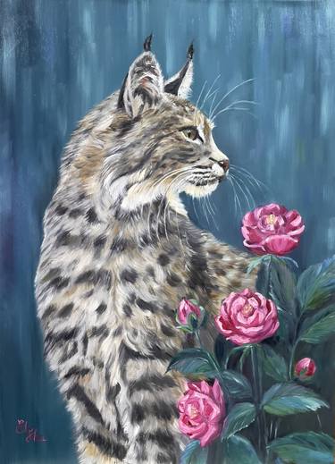 Lynx in the garden of roses. Oil painting thumb