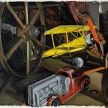 Wagon Wheel with Yellow Biplane and Fire Truck by David Orban