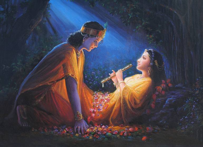 That Purest Night of Diwali - When Radha Ji Herself Heard Krishna' Basuri  Painting by Hari Om Singh | Saatchi Art