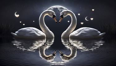 Loving couple swans in the moonlight on the river thumb