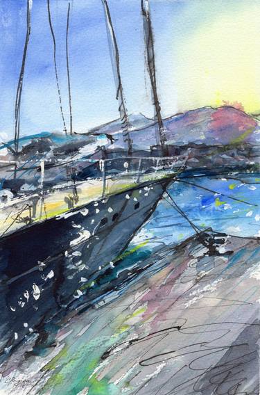 Yacht on the marina, Crete, Greece - original watercolor painting, travel, sea thumb