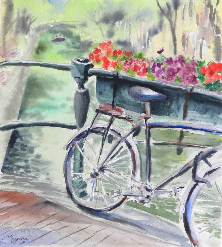 Bicycle watercolor online painting