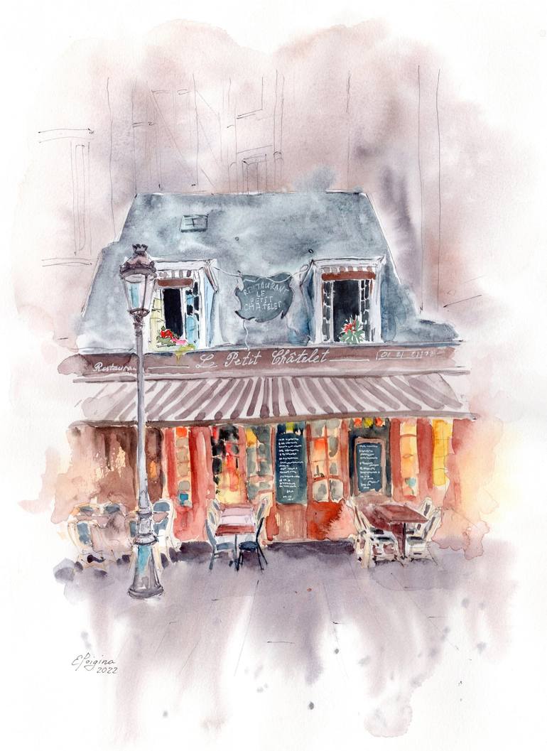 A restaurant. Somewhere in Paris - original watercolor painting, large  interior print Painting by Elena Poigina | Saatchi Art