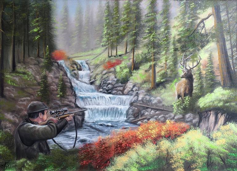 Deer Hunting, 50x70 cm. Oil painting on canvas, a great gift