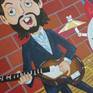 In this painting, I have imagined how the popular Beatles cartoon series from the 1960s may have evolved had it continued to run up until the end of the Beatles career. It is painted with acrylic paint on canvas and silver paint pens which highlight their instruments and John's glasses frame. The silver shines when it catches the light or is viewed from a different angle.