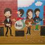 In this painting, I have imagined how the popular Beatles cartoon series from the 1960s may have evolved had it continued to run up until the end of the Beatles career. It is painted with acrylic paint on canvas and silver paint pens which highlight their instruments and John's glasses frame. The silver shines when it catches the light or is viewed from a different angle.