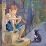 Bly with the flute and a cat by Inga Morales
